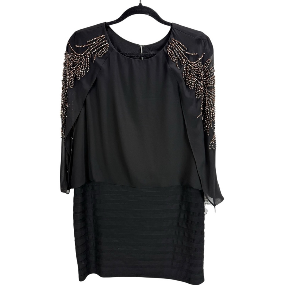 NWT Betsy & Adam Black Beaded Cocktail Dress Chiffon Cape Sleeve Sz 12 Petite